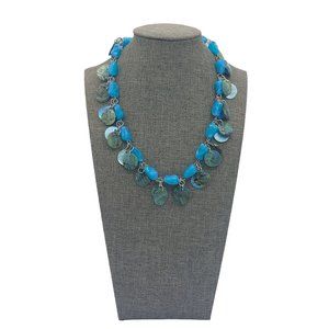 Turquoise Blue colored Necklace with Shell Circles Boho Silver Toned 20" Chain